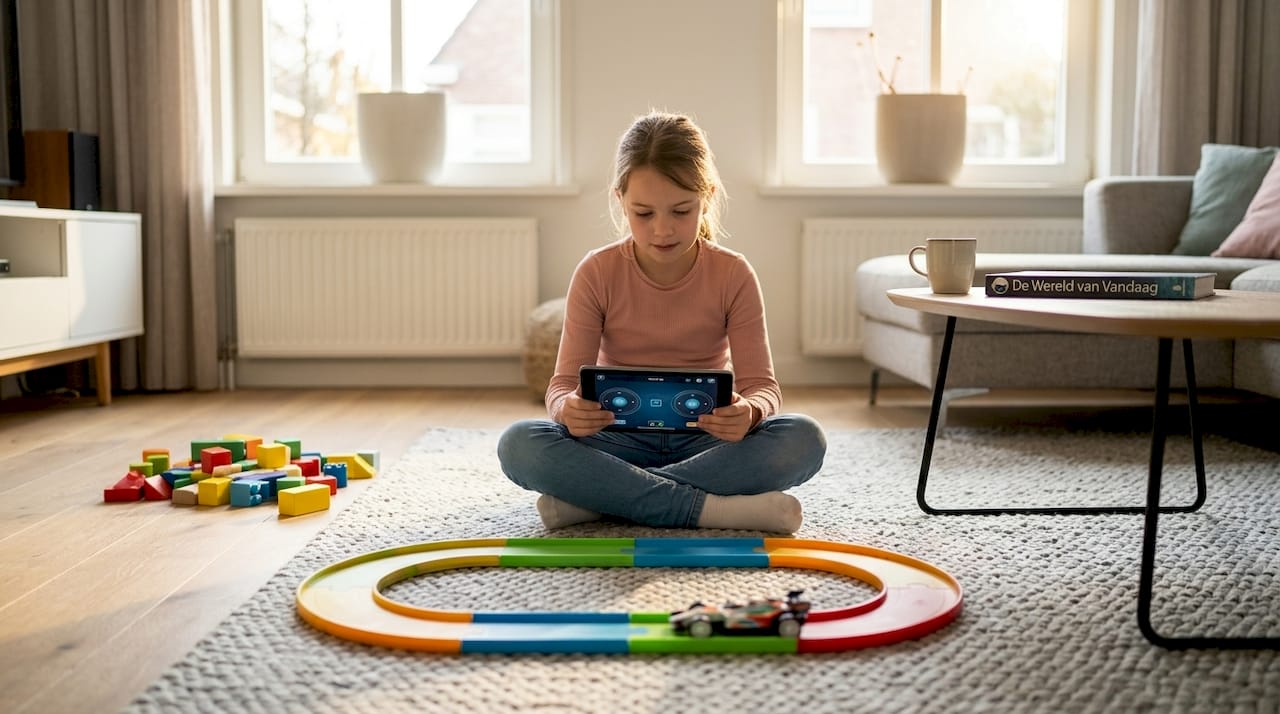 Een kind speelt met hybride speelgoed en laat het door de woonkamer rijden.