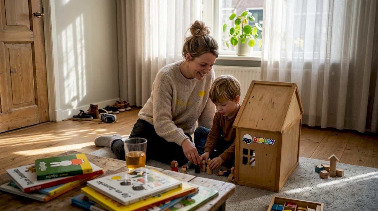 Samen zijn moeder en kind gezellig aan het spelen met het poppenhuis.