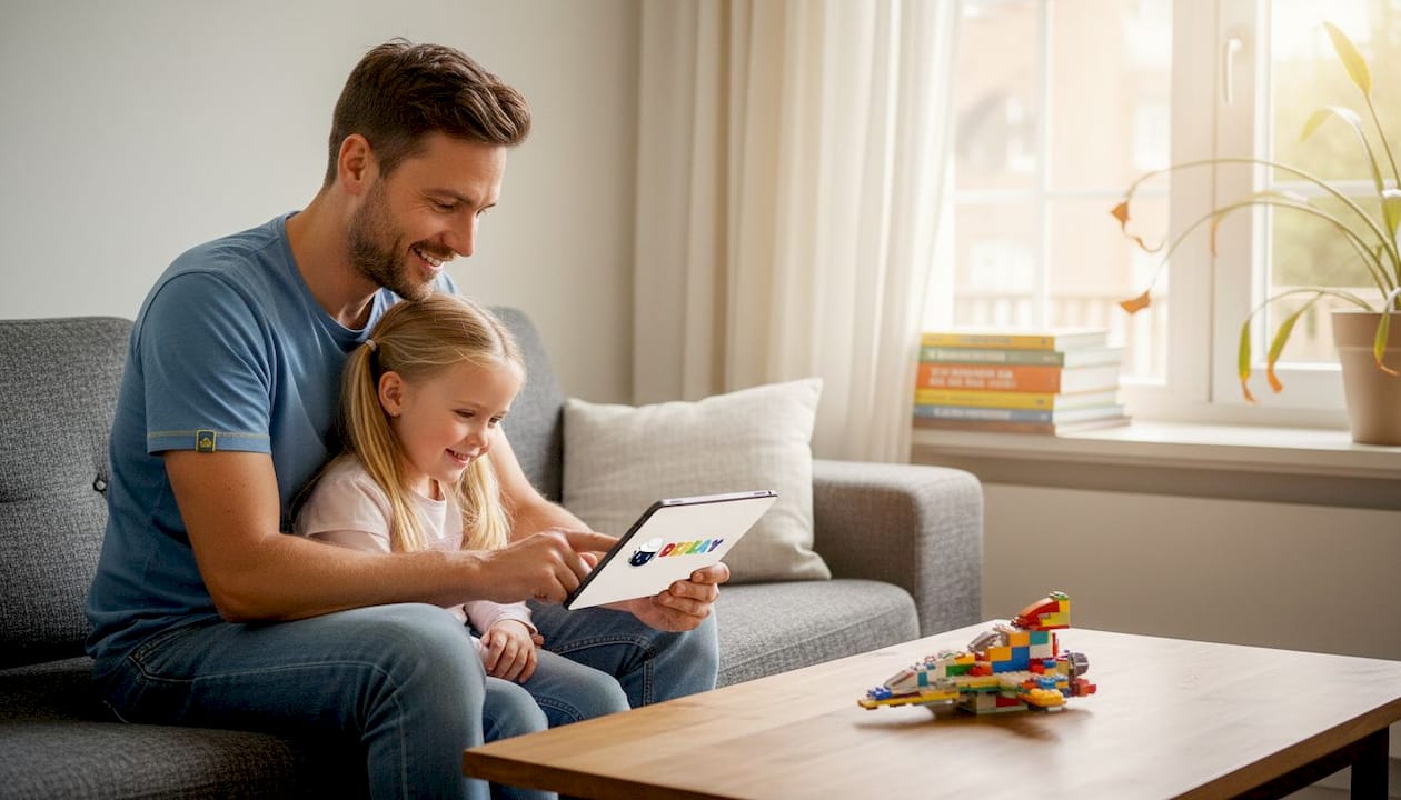 Vader en dochter zitten samen gezellig op de bank met een tablet.