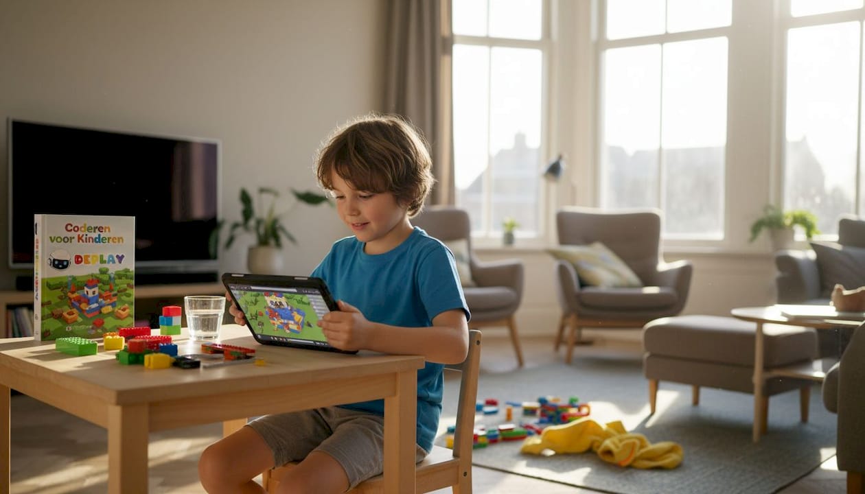 Een kind zit aan zijn bureau en bouwt enthousiast in een digitale zandbakgame.