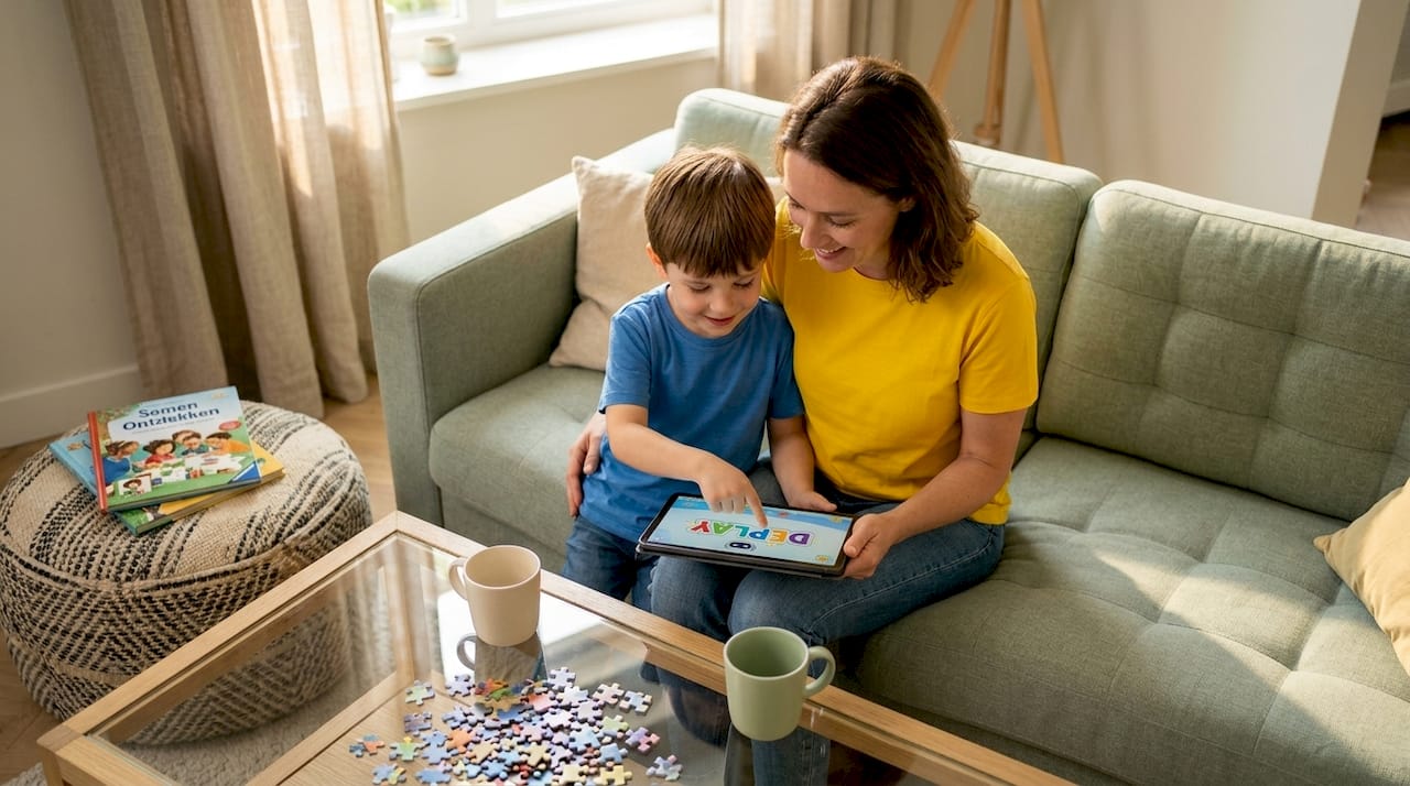 Samen op de bank zitten moeder en zoon gezellig met een tablet in de woonkamer.
