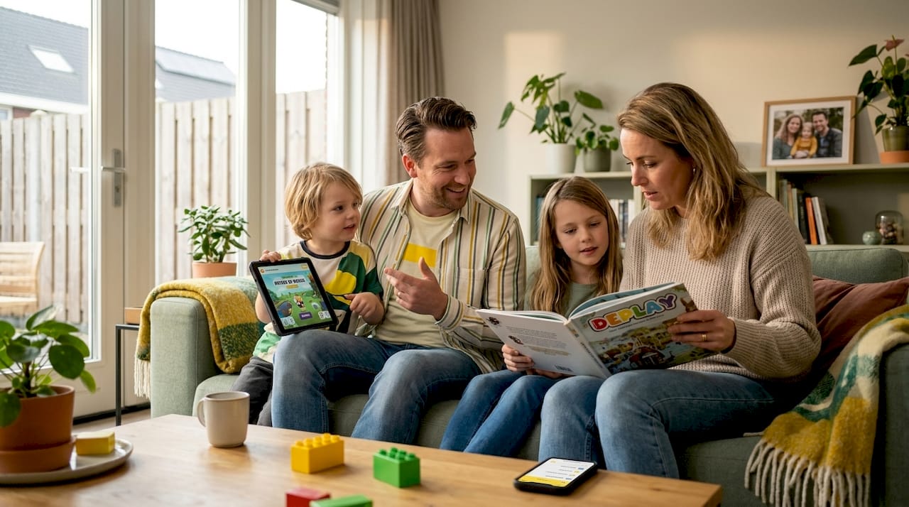 Ouders houden toezicht op schermgebruik van hun kinderen in de woonkamer