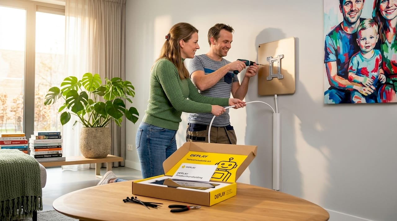 Een gezin hangt een tablet op in de keuken om het gezinsleven beter te organiseren.