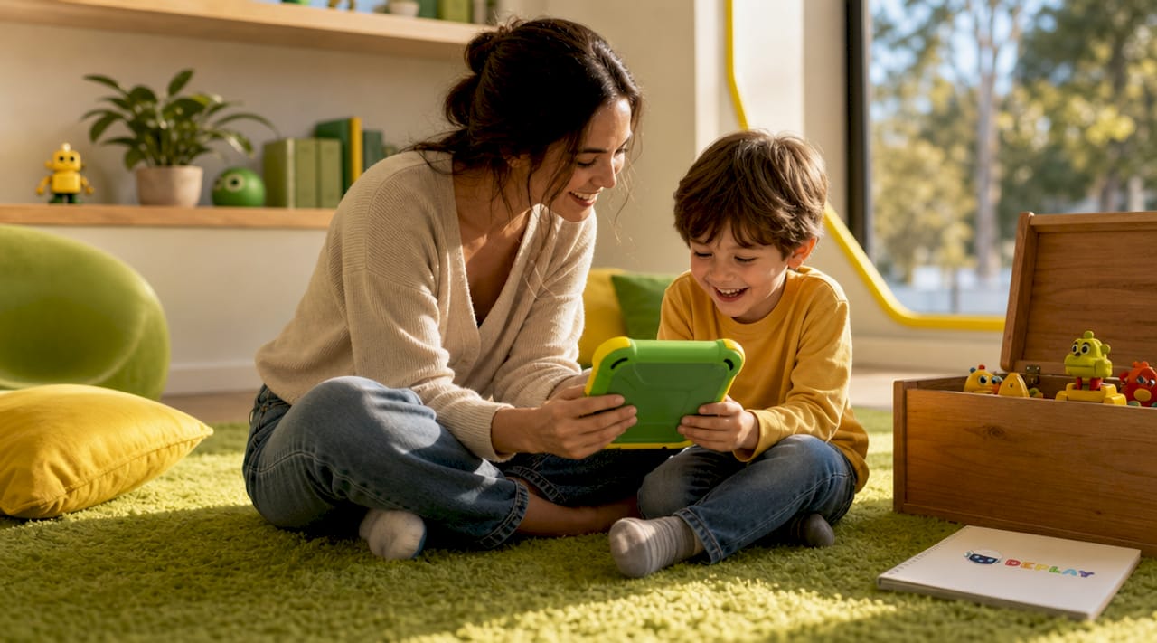 Een moeder en haar kind zitten samen thuis en ontdekken spelenderwijs een educatieve kindertablet.