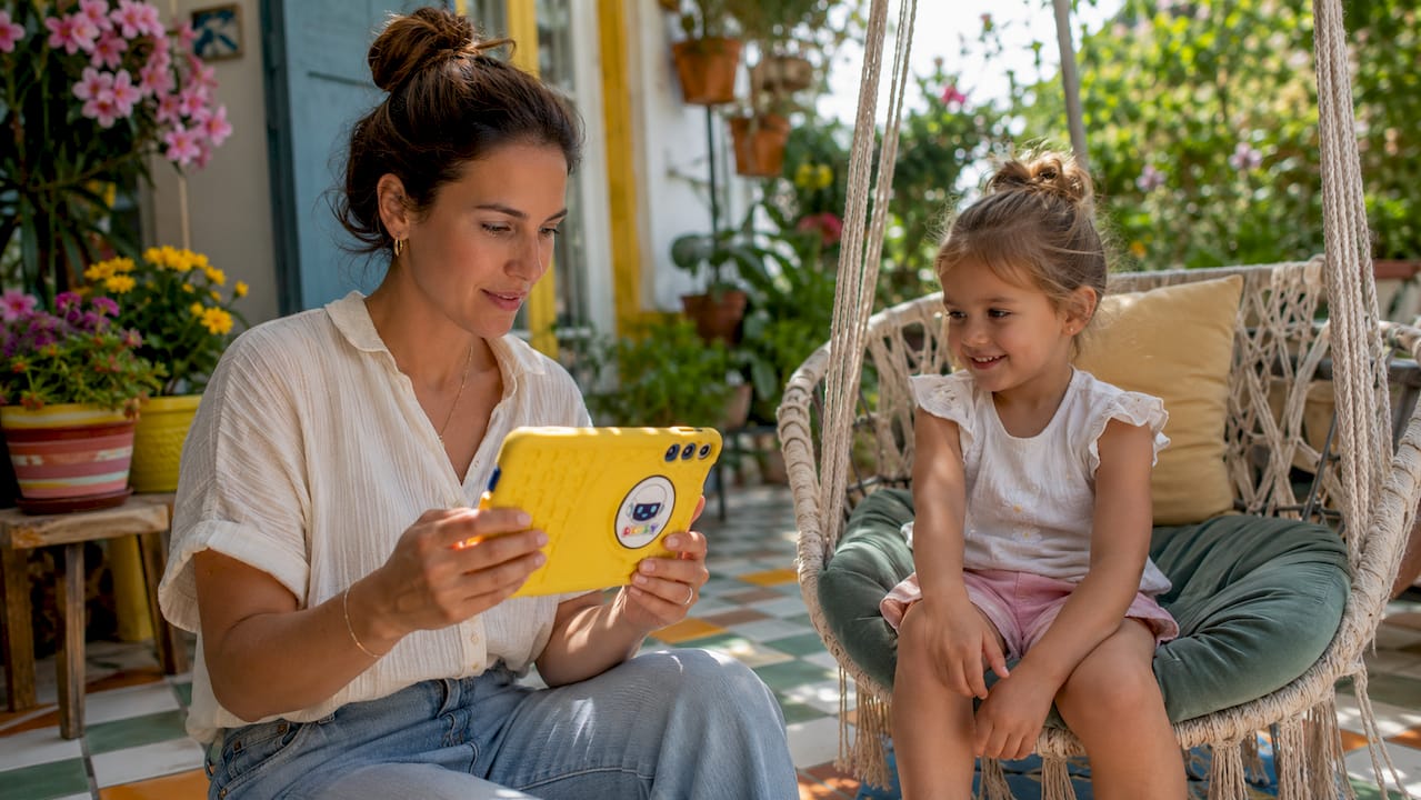 Thuis neemt een moeder samen met haar kind een kijkje op een tablet die speciaal is ontworpen voor kinderen.