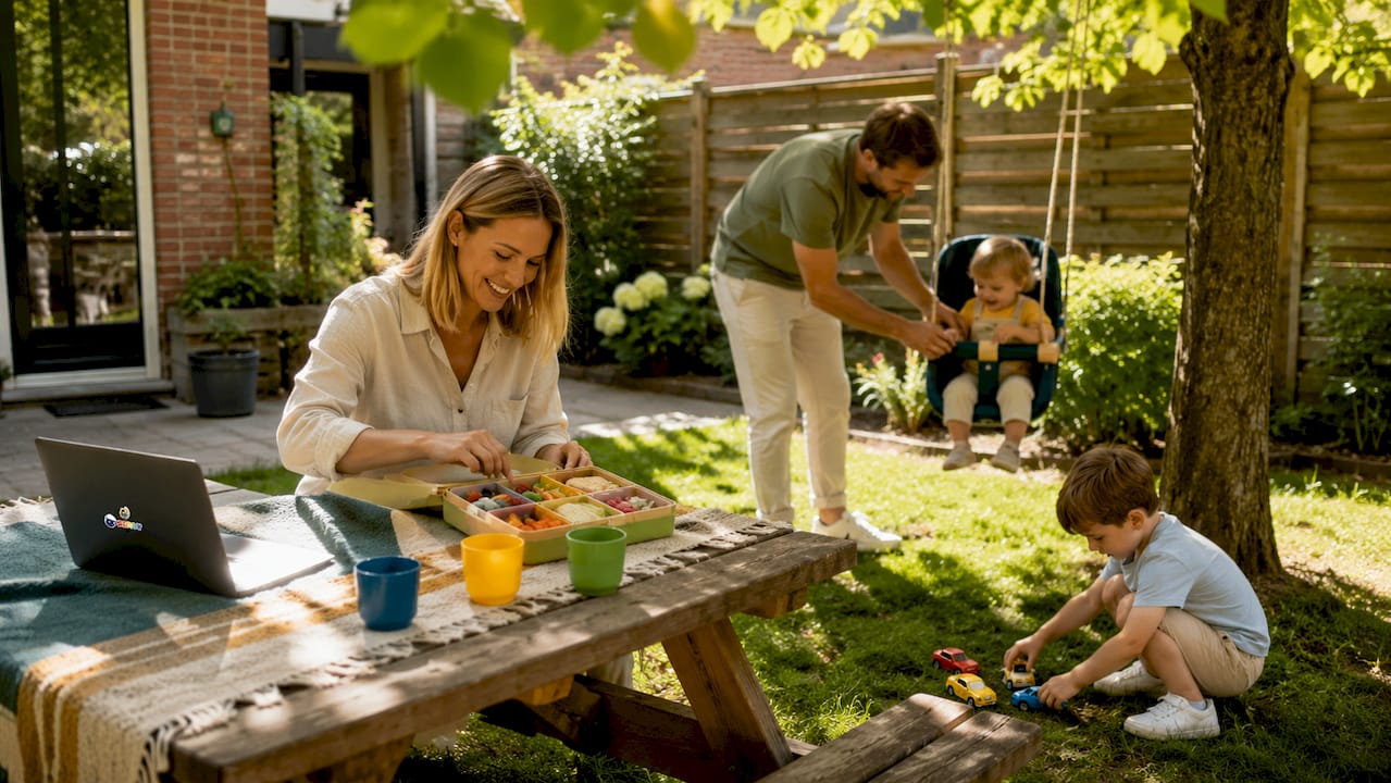 Een gezin dat samen bezig is de kinderen klaar te maken voor een lange autorit.