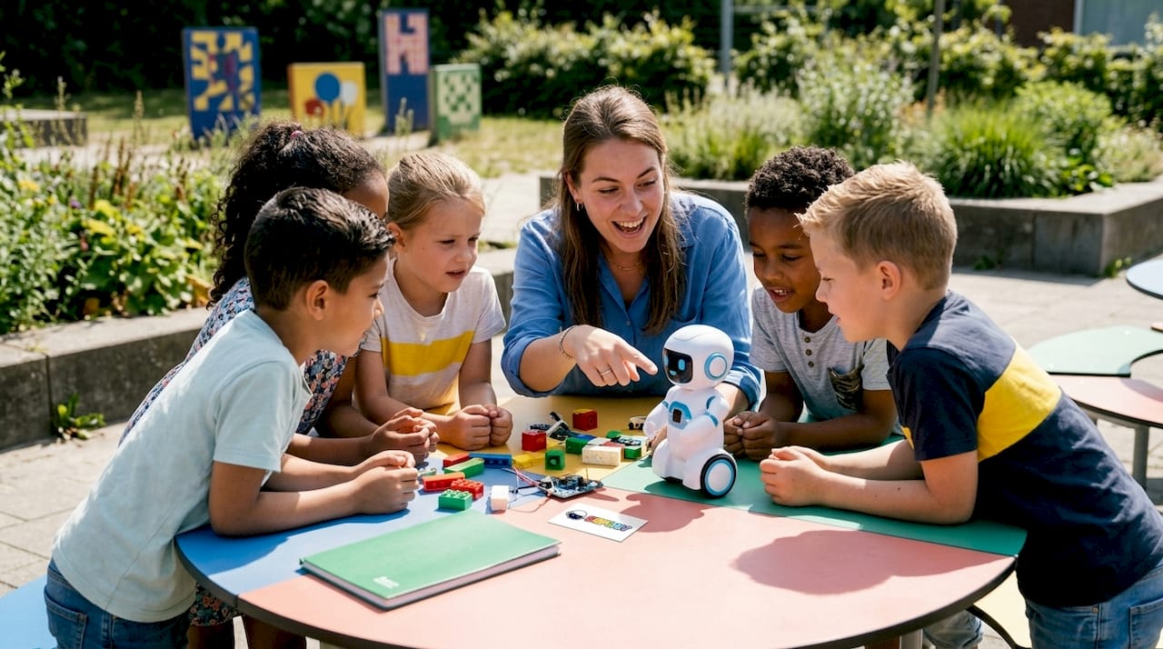 Een leerkracht die samen met kinderen aan de slag gaat in een technieklokaal, en hen enthousiast maakt voor wetenschap en technologie.