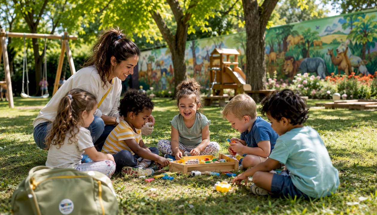 Een begeleider die samen met kinderen speelt in een groene, gezellige speeltuin.