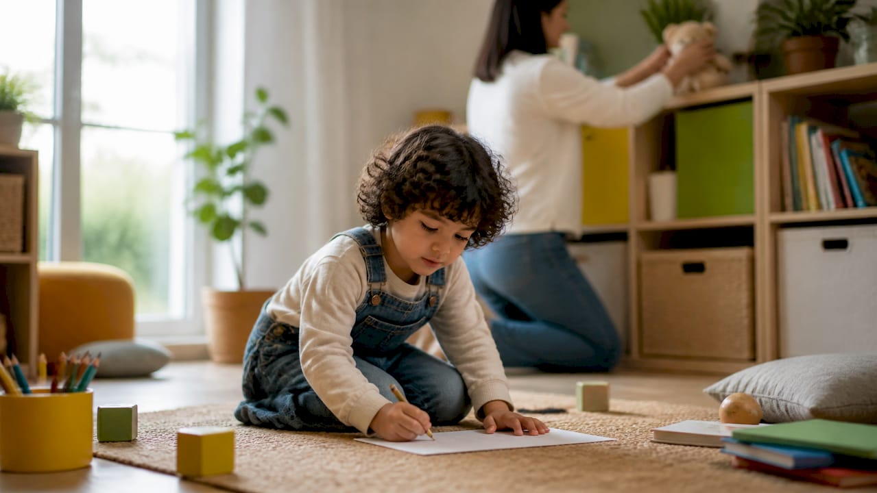 Een kind dat thuis spelenderwijs aan het leren is en zijn creativiteit de vrije loop laat.