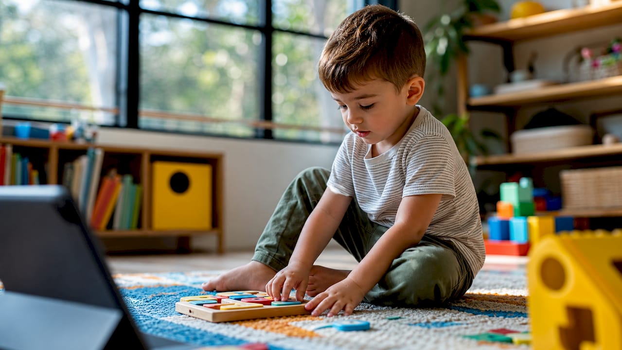 Jong kind dat een tablet en educatief speelgoed gebruikt