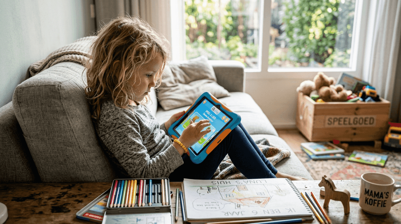 Kleuter zit met tablet op de bank in de woonkamer