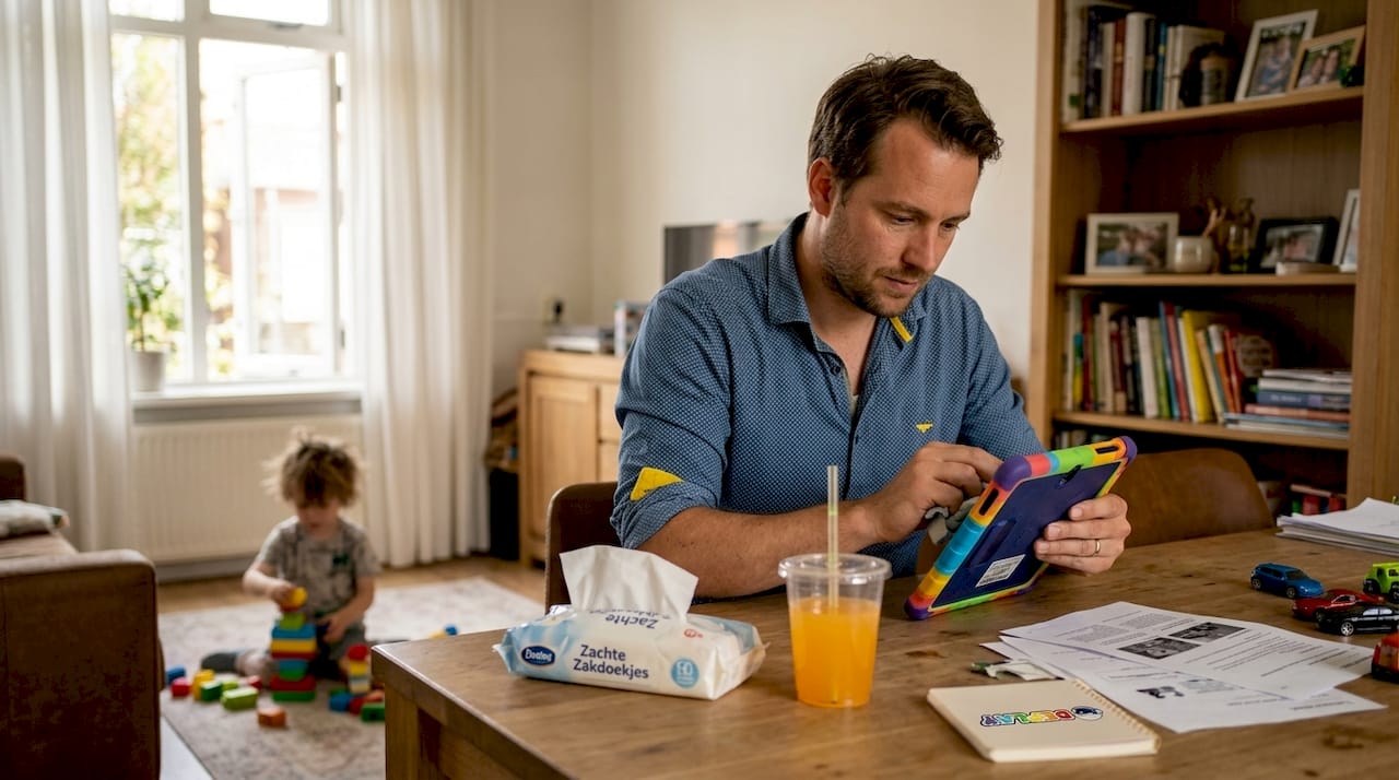 Een ouder bladert samen met zijn kind door een tablet in een gezellige huiskamer.