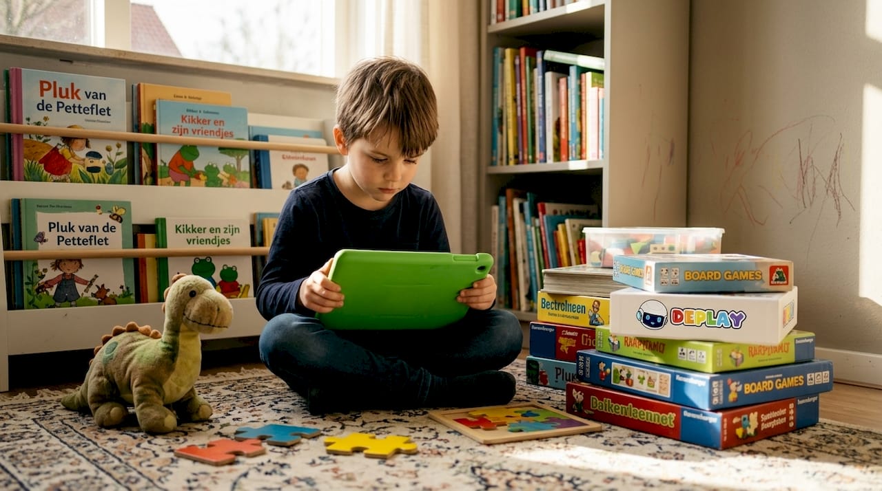 Een kind is bezig met een educatief spel op een tablet.