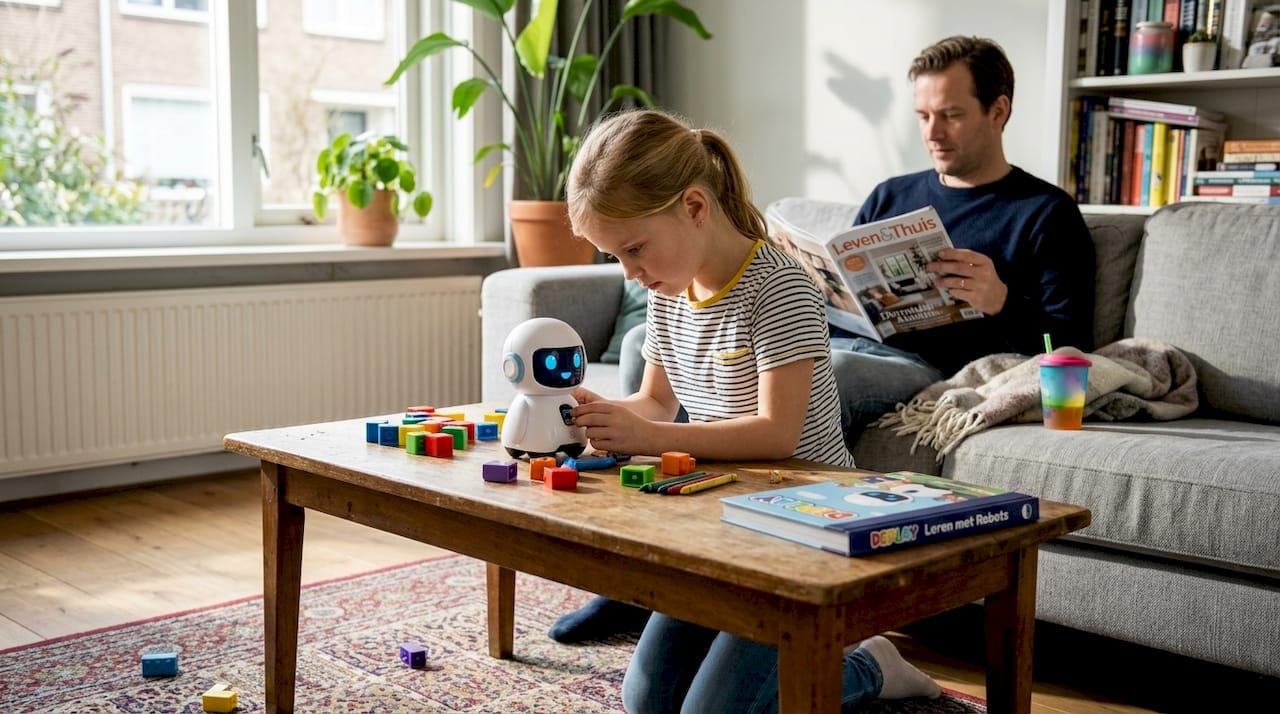In de woonkamer is een meisje enthousiast bezig met een leerzame robot.