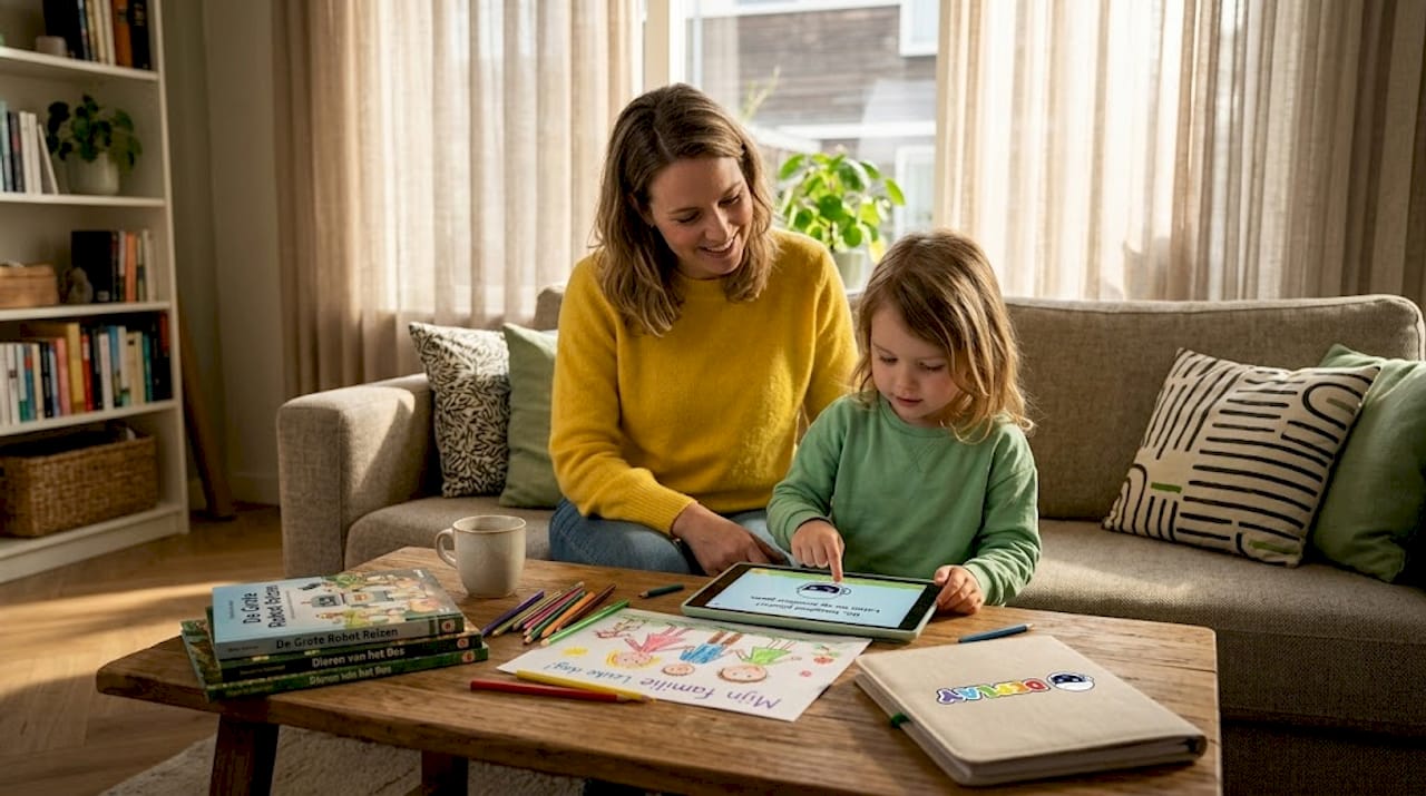 Een moeder en haar kind zitten samen thuis gezellig te kijken op een tablet.