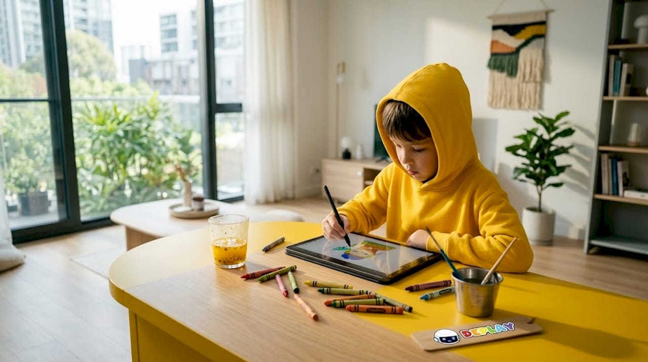 Een kind zit aan de keukentafel lekker digitaal te tekenen.