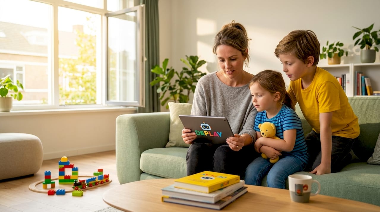 Moeder maakt samen met haar kinderen de tablet klaar voor gezinsgebruik