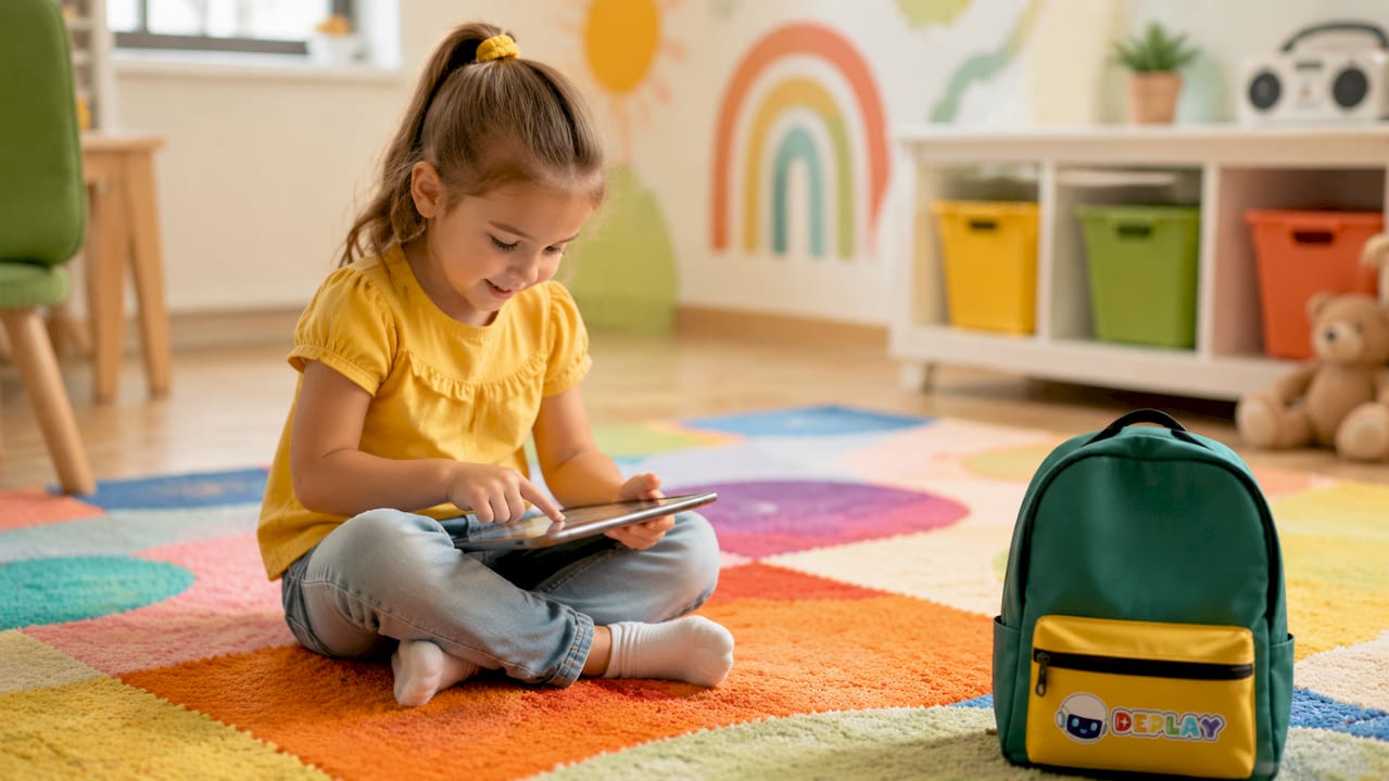 Een jong kind zit geconcentreerd een educatief spelletje te spelen op een tablet.