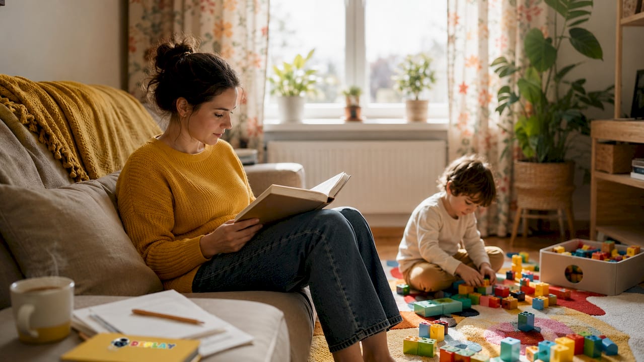 Terwijl haar kind in de woonkamer aan het spelen is, zit moeder verdiept in een opvoedingsboek.