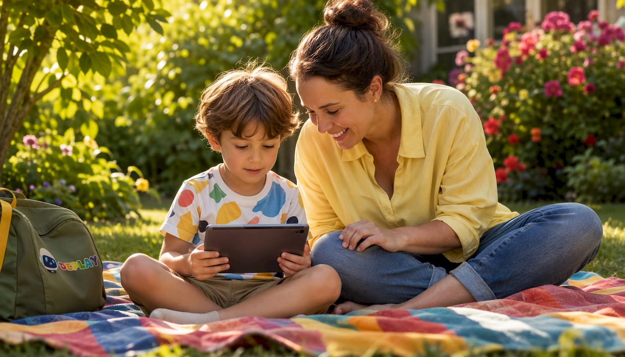Een moeder en haar kind samen achter de tablet