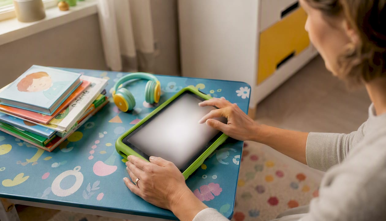 Een paar handen zijn bezig met het instellen van een tablet.