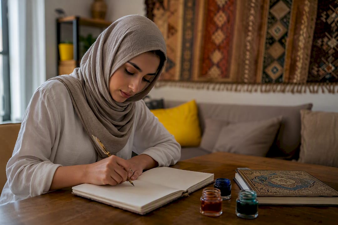 Tafel met Arabische kalligrafiebenodigdheden en decoratieve accessoires